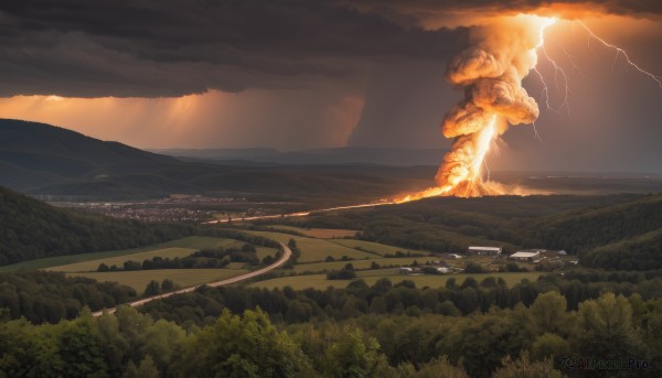 outdoors,sky,cloud,water,tree,no humans,cloudy sky,grass,nature,scenery,forest,sunset,monster,mountain,electricity,road,giant,river,lightning,landscape,hill,fire,building,smoke,city,cityscape,explosion