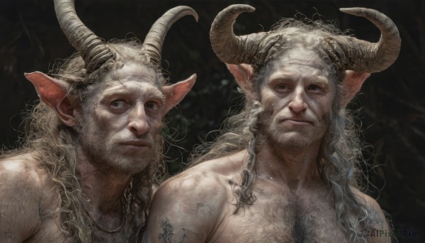 long hair,looking at viewer,blonde hair,animal ears,jewelry,closed mouth,upper body,braid,white hair,grey hair,male focus,nude,multiple boys,horns,pointy ears,2boys,necklace,grey eyes,tattoo,muscular,facial hair,muscular male,portrait,beard,topless male,mature male,realistic,old,chest hair,old man,arm hair,wrinkled skin,smile,1boy,scar,messy hair