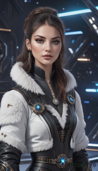 1girl,solo,long hair,breasts,looking at viewer,brown hair,brown eyes,jewelry,jacket,upper body,earrings,parted lips,belt,lips,coat,fur trim,makeup,forehead,eyeshadow,science fiction,realistic,nose,red lips,medium breasts,ponytail,artist name,cropped jacket,fur collar