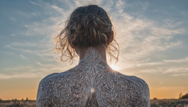 1girl,solo,short hair,brown hair,black hair,jewelry,upper body,outdoors,sky,day,cloud,hair bun,from behind,blurry,blue sky,tattoo,depth of field,blurry background,back,sunlight,single hair bun,messy hair,portrait,backlighting,sunset,realistic,facing away,nape,back tattoo,nude,tree,cloudy sky,wind,twilight,sunrise,back focus