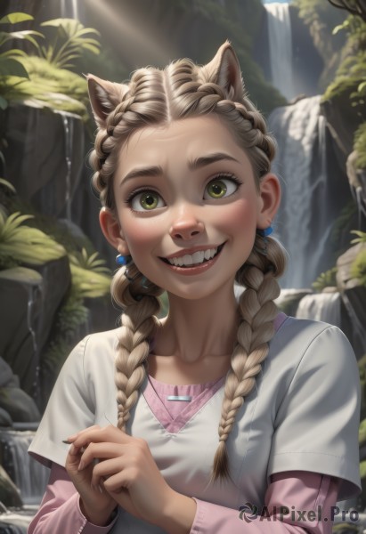 1girl,solo,long hair,looking at viewer,smile,blonde hair,brown hair,shirt,hair ornament,long sleeves,animal ears,twintails,jewelry,green eyes,collarbone,white shirt,upper body,braid,short sleeves,earrings,outdoors,teeth,day,artist name,cat ears,water,necklace,grin,twin braids,lips,fingernails,eyelashes,fangs,sunlight,own hands together,nature,hair over shoulder,extra ears,forehead,pink shirt,realistic,layered sleeves,short over long sleeves,waterfall,breasts,blush,open mouth,bangs,blurry,animal ear fluff,hands up,thick eyebrows,plant,freckles,long fingernails,light rays,nose,dappled sunlight,stream