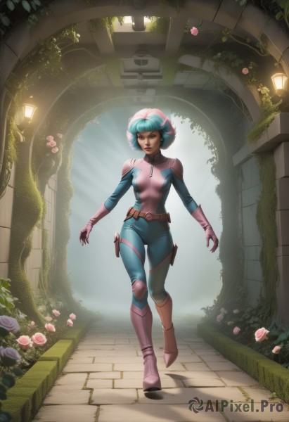 1girl,solo,breasts,looking at viewer,short hair,bangs,blue eyes,gloves,medium breasts,blue hair,standing,full body,flower,small breasts,boots,belt,lips,aqua hair,bodysuit,makeup,rose,watermark,knee boots,plant,lipstick,web address,pink flower,walking,science fiction,pouch,realistic,nose,pink footwear,holster,pink rose,pink gloves,blue bodysuit,pink hair,multicolored hair,two-tone hair,grass,curly hair,thigh holster