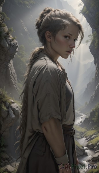 1girl,solo,long hair,breasts,looking at viewer,blush,blonde hair,brown hair,brown eyes,standing,outdoors,parted lips,day,water,hair bun,from side,lips,sunlight,freckles,rock,mountain,realistic,shirt,black hair,holding,white shirt,ponytail,weapon,belt,nature,nose