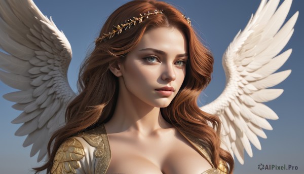 1girl,solo,long hair,breasts,looking at viewer,blue eyes,large breasts,simple background,brown hair,cleavage,collarbone,upper body,parted lips,wings,lips,eyelashes,blue background,wavy hair,portrait,feathered wings,angel wings,realistic,nose,white wings,angel,head wreath,jewelry,earrings