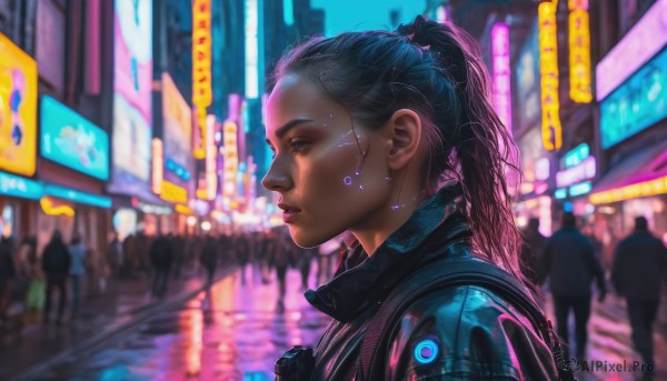 1girl, long hair, black hair, upper body, ponytail, solo focus, blurry, from side, lips, profile, blurry background, science fiction, realistic, nose, cyborg, cyberpunk, neon lights