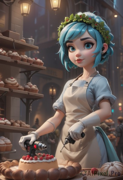 1girl,solo,breasts,looking at viewer,smile,short hair,bangs,blue eyes,skirt,shirt,hair ornament,gloves,dress,holding,jewelry,closed mouth,blue hair,standing,short sleeves,cowboy shot,earrings,small breasts,outdoors,food,solo focus,artist name,indoors,white gloves,signature,blurry,apron,aqua eyes,lips,blue skirt,eyelashes,aqua hair,night,fruit,depth of field,blurry background,swept bangs,watermark,piercing,thick eyebrows,blue shirt,ear piercing,web address,plate,cake,strawberry,nose,candle,head wreath,shop,cupcake,pastry,dessert,light bulb,whipped cream,tongs,blush,collarbone,puffy sleeves,puffy short sleeves,blue dress,leaf,white apron,pink lips,stud earrings,leaf hair ornament,leaf on head,cookie,grapes