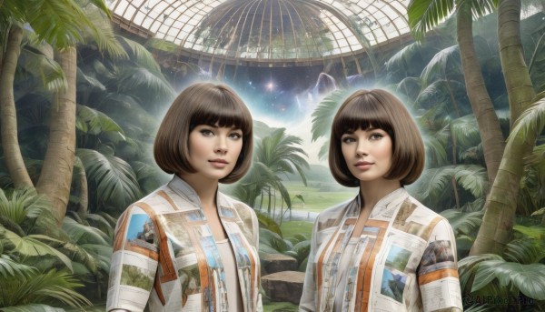 looking at viewer,smile,short hair,bangs,multiple girls,brown hair,2girls,brown eyes,upper body,outdoors,sky,blunt bangs,tree,lips,night,bob cut,plant,star (sky),nature,starry sky,science fiction,realistic,nose,palm tree,space,galaxy,closed mouth,leaf,scenery,zipper,planet,spacecraft,constellation,spacesuit,astronaut