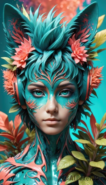 1girl,solo,looking at viewer,short hair,blue eyes,hair ornament,1boy,animal ears,closed mouth,green eyes,blue hair,upper body,flower,male focus,artist name,cat ears,hair flower,blurry,aqua eyes,lips,eyelashes,aqua hair,makeup,colored skin,headphones,leaf,blue background,plant,portrait,androgynous,pink flower,nose,watermark,web address,aqua background