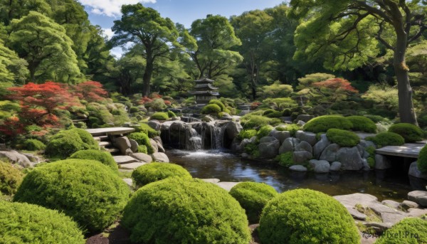 outdoors,sky,day,cloud,water,tree,blue sky,no humans,grass,nature,scenery,forest,rock,architecture,east asian architecture,river,waterfall,landscape,bush,bridge,moss,pond