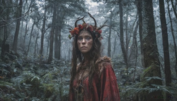 1girl,solo,long hair,looking at viewer,blue eyes,brown hair,hair ornament,jewelry,upper body,flower,outdoors,hair flower,necklace,tree,lips,leaf,facial mark,sunlight,plant,nature,scenery,forest,realistic,antlers,facepaint,head wreath,black hair,fur trim