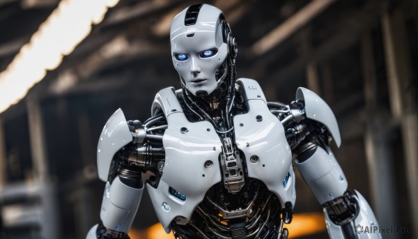 solo,looking at viewer,blue eyes,upper body,indoors,blurry,no humans,blurry background,glowing,robot,mecha,glowing eyes,1other,science fiction,realistic,android,joints,cable,straight-on,robot joints,lights,humanoid robot,mechanical parts