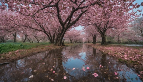 flower, outdoors, sky, day, water, tree, blue sky, petals, no humans, grass, cherry blossoms, nature, scenery, reflection