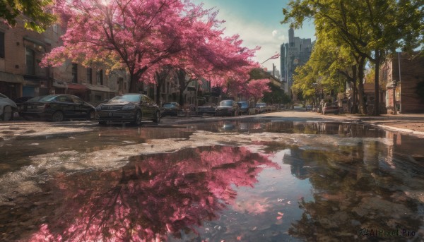 outdoors, sky, day, cloud, water, tree, blue sky, dutch angle, no humans, cherry blossoms, ground vehicle, building, scenery, motor vehicle, reflection, city, car, road, lamppost, street