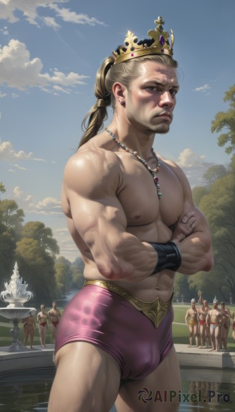 solo,long hair,looking at viewer,blonde hair,brown hair,1boy,navel,jewelry,closed mouth,nipples,standing,ponytail,male focus,thighs,outdoors,multiple boys,sky,solo focus,day,cloud,water,necklace,stomach,tree,muscular,facial hair,thick thighs,crossed arms,abs,thick eyebrows,crown,pectorals,muscular male,bara,beard,6+boys,bulge,topless male,mature male,realistic,mustache,manly,male underwear,male swimwear,crowd,leg hair,blue eyes,underwear,earrings,cloudy sky,large pectorals,pool,swim briefs