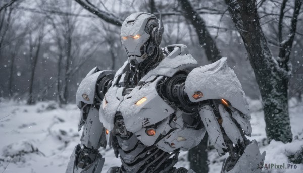 solo,1boy,upper body,outdoors,tree,orange eyes,no humans,glowing,robot,nature,mecha,glowing eyes,snow,forest,science fiction,snowing,winter,bare tree,looking ahead,humanoid robot,male focus