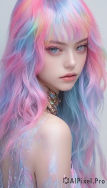 1girl,solo,long hair,looking at viewer,bangs,blue eyes,simple background,white background,bare shoulders,jewelry,closed mouth,blue hair,upper body,pink hair,multicolored hair,choker,looking back,grey background,necklace,from side,lips,eyelashes,gradient hair,makeup,wavy hair,gem,eyeshadow,pink lips,realistic,nose,rainbow hair,artist name,grey eyes,expressionless