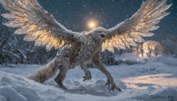 solo,open mouth,tail,outdoors,wings,sky,teeth,blurry,tree,no humans,night,depth of field,glowing,sharp teeth,star (sky),nature,feathered wings,claws,snow,monster,snowing,winter,talons,moon,night sky,scenery,full moon