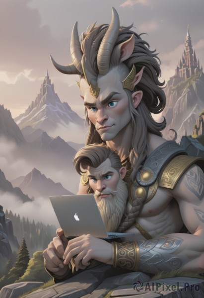 long hair,blush,blue eyes,brown hair,1boy,animal ears,sitting,nipples,male focus,outdoors,multiple boys,horns,sky,pointy ears,artist name,cloud,2boys,armor,tree,tattoo,muscular,colored skin,facial hair,abs,pectorals,muscular male,beard,topless male,mountain,bracer,computer,giant,laptop,solo,black hair,upper body,white hair,grey hair,book,watermark,web address,father and son