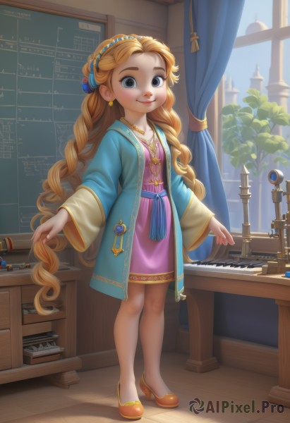 1girl,solo,long hair,looking at viewer,smile,blue eyes,blonde hair,hair ornament,long sleeves,dress,jewelry,very long hair,standing,full body,braid,hairband,earrings,parted lips,shoes,day,indoors,wide sleeves,necklace,high heels,lips,grey eyes,book,window,wavy hair,table,plant,curtains,tassel,instrument,child,pink dress,freckles,beads,curly hair,robe,wooden floor,female child,potted plant,hair beads,piano,keyboard (instrument),sheet music,grand piano,breasts,twin braids,aged down,no socks