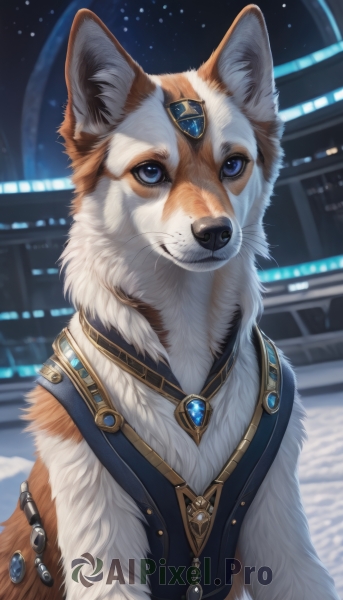 solo,looking at viewer,blue eyes,jewelry,closed mouth,upper body,outdoors,sky,artist name,necklace,blurry,no humans,night,animal,brooch,gem,star (sky),night sky,pendant,dog,realistic,animal focus,blue gemstone,red gemstone,vest,blurry background,fur collar,white fur