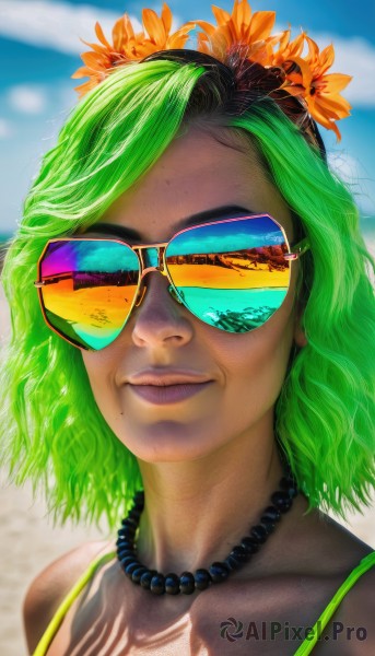 1girl,solo,looking at viewer,smile,short hair,hair ornament,bare shoulders,jewelry,flower,multicolored hair,earrings,outdoors,green hair,sky,glasses,day,artist name,cloud,hair flower,dark skin,necklace,mole,dark-skinned female,lips,tattoo,makeup,watermark,sunglasses,lipstick,portrait,mole under mouth,eyewear on head,freckles,beads,realistic,nose,tinted eyewear,bead necklace,pearl necklace,mascara,mole above mouth,mole on cheek,black hair,closed mouth,green eyes,collarbone,blurry,two-tone hair,blue sky,blurry background,wavy hair,summer