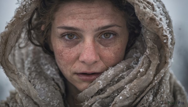 1girl,solo,looking at viewer,short hair,brown hair,1boy,brown eyes,closed mouth,male focus,parted lips,hood,water,blurry,lips,eyelashes,depth of field,blurry background,portrait,close-up,hood up,freckles,realistic,nose,straight-on,black hair,gloves,white gloves,scar,snow