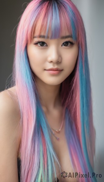 1girl,solo,long hair,breasts,looking at viewer,smile,bangs,cleavage,bare shoulders,brown eyes,jewelry,medium breasts,closed mouth,blue hair,upper body,pink hair,multicolored hair,blunt bangs,necklace,bra,black eyes,two-tone hair,lips,realistic,nose,simple background,nude,artist name,blurry,eyelashes,makeup,watermark