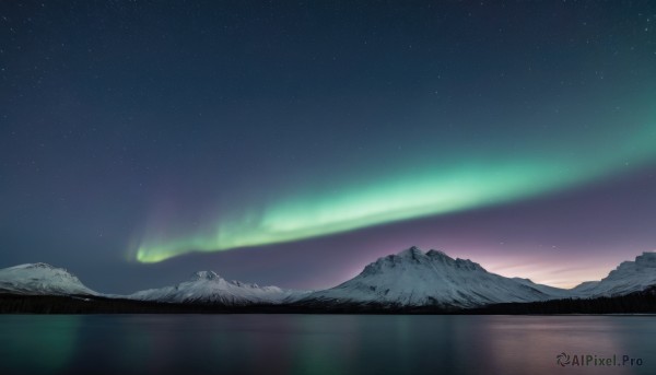 outdoors,sky,water,no humans,night,star (sky),nature,night sky,scenery,starry sky,reflection,mountain,landscape,mountainous horizon,lake,aurora,milky way