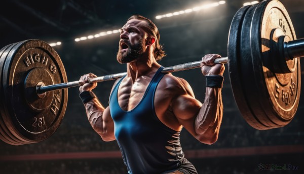 solo,open mouth,brown hair,1boy,upper body,male focus,indoors,muscular,facial hair,tank top,wristband,beard,realistic,mustache,manly,exercise,gym,weightlifting,short hair,sweat,blue tank top