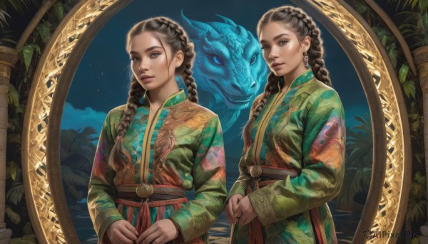 long hair,breasts,looking at viewer,smile,bangs,blue eyes,multiple girls,brown hair,black hair,hair ornament,long sleeves,dress,2girls,brown eyes,jewelry,closed mouth,standing,upper body,braid,earrings,sky,twin braids,lips,sash,eyelashes,night,siblings,chinese clothes,own hands together,plant,sisters,star (sky),night sky,dual persona,reflection,twins,mirror,nose,dragon,pillar,symmetry,eastern dragon,different reflection,traditional clothes,multiple braids,grey eyes,makeup,realistic