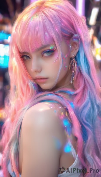 1girl,solo,long hair,breasts,looking at viewer,bangs,blue eyes,bare shoulders,jewelry,closed mouth,blue hair,upper body,pink hair,multicolored hair,earrings,blunt bangs,blurry,from side,two-tone hair,lips,eyelashes,makeup,blurry background,piercing,ear piercing,eyeshadow,realistic,nose,eyeliner,mascara,shirt,sleeveless,shiny,artist name,shiny hair,looking to the side,gradient hair,depth of field,watermark,wavy hair,facial mark,expressionless,lipstick,pink lips,bokeh