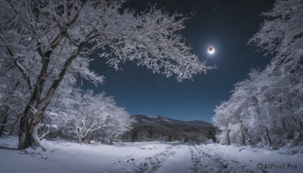 outdoors,sky,tree,no humans,night,moon,star (sky),nature,night sky,scenery,snow,forest,starry sky,mountain,crescent moon,winter,bare tree,pine tree,monochrome,full moon,landscape