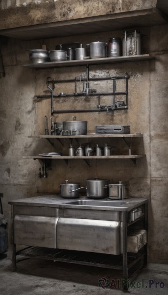 indoors,no humans,table,bottle,scenery,wall,kitchen,still life,sink,faucet,stove,cutting board,cup,shadow,plate,bowl,shelf,jar,spatula