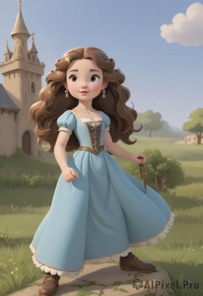 1girl,solo,long hair,looking at viewer,smile,brown hair,dress,holding,brown eyes,jewelry,closed mouth,standing,collarbone,full body,flower,short sleeves,earrings,outdoors,sky,shoes,day,puffy sleeves,cloud,tree,blue sky,puffy short sleeves,lips,blue dress,brown footwear,grass,building,child,corset,freckles,wand,female child,house,castle,stick,holding stick,breasts,blush,cleavage,small breasts,parted lips,artist name,wavy hair,thick eyebrows,walking,long dress