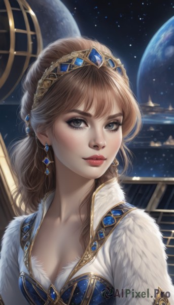 1girl,solo,long hair,breasts,looking at viewer,bangs,brown hair,dress,cleavage,brown eyes,jewelry,medium breasts,collarbone,upper body,hairband,earrings,parted lips,sky,artist name,signature,lips,grey eyes,fur trim,eyelashes,makeup,night,blue dress,moon,tiara,lipstick,gem,star (sky),starry sky,freckles,gold trim,realistic,nose,red lips,space,planet,earth (planet),blue gemstone,closed mouth,eyeshadow