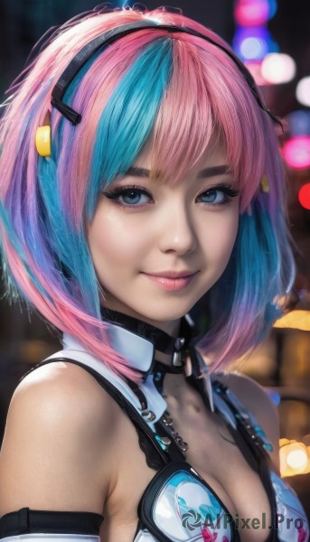 1girl,solo,breasts,looking at viewer,smile,short hair,bangs,blue eyes,cleavage,bare shoulders,medium breasts,closed mouth,blue hair,upper body,pink hair,multicolored hair,hairband,artist name,blurry,two-tone hair,lips,eyelashes,aqua hair,makeup,depth of field,blurry background,headphones,pink lips,realistic,nose,mascara,sleeveless,signature,streaked hair,watermark,bob cut,light smile,portrait,bokeh