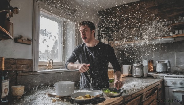 solo,short hair,open mouth,shirt,black hair,1boy,holding,closed eyes,upper body,male focus,food,indoors,water,cup,black shirt,window,facial hair,bottle,knife,snow,plate,meme,realistic,splashing,cooking,kitchen,frying pan,sink,spatula,stove,cutting board,long sleeves,day,tree,table,beard,sleeves rolled up,snowing,spoon,mustache,stubble,very short hair,sleeves pushed up,jar,vegetable,onion