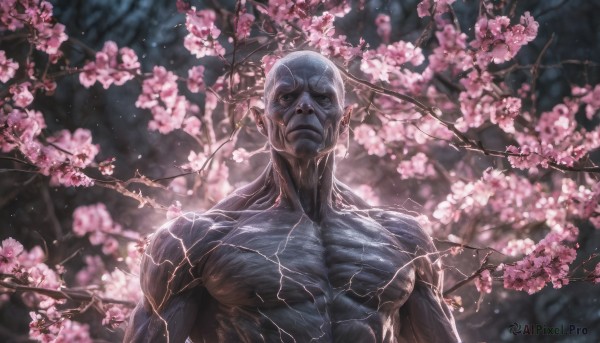 solo, looking at viewer, 1boy, upper body, flower, male focus, blurry, tree, muscular, colored skin, cherry blossoms, branch, bald