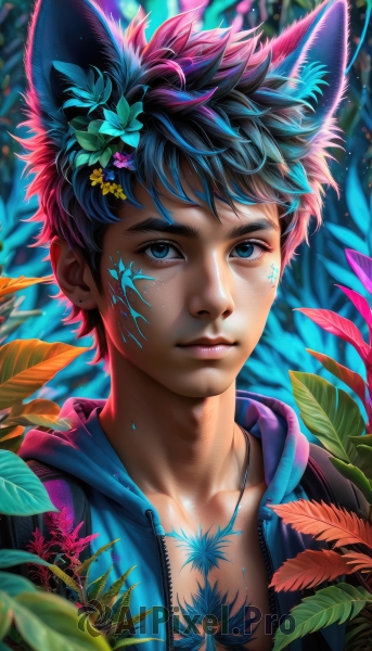 solo,looking at viewer,short hair,bangs,blue eyes,black hair,hair ornament,1boy,animal ears,jewelry,closed mouth,blue hair,collarbone,jacket,upper body,flower,male focus,multicolored hair,open clothes,artist name,cat ears,signature,hair flower,hood,necklace,blurry,lips,fox ears,eyelashes,hoodie,tattoo,makeup,depth of field,blurry background,leaf,watermark,facial mark,thick eyebrows,hood down,plant,portrait,web address,zipper,freckles,realistic,nose,cat boy,earrings,hairclip,scar,feathers,nature,extra ears,facepaint,leaf hair ornament