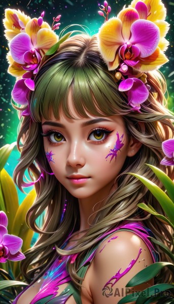 1girl,solo,long hair,breasts,looking at viewer,bangs,brown hair,hair ornament,bare shoulders,brown eyes,closed mouth,green eyes,yellow eyes,upper body,flower,green hair,sleeveless,artist name,hair flower,from side,lips,eyelashes,makeup,leaf,watermark,facial mark,plant,lipstick,portrait,web address,pink flower,eyeshadow,freckles,pink lips,realistic,nose,facepaint,mascara,shirt,shiny,blunt bangs,light particles,purple flower,bodypaint