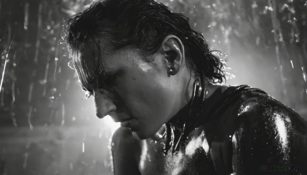 A male surrounded by a lush rainy dynamic scene