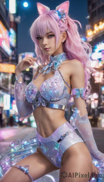 1girl,solo,long hair,breasts,looking at viewer,bangs,large breasts,hair ornament,navel,animal ears,cleavage,bare shoulders,brown eyes,jewelry,medium breasts,underwear,panties,pink hair,earrings,outdoors,parted lips,detached sleeves,midriff,cat ears,dark skin,nail polish,bra,blurry,dark-skinned female,lips,see-through,thigh strap,night,blurry background,fake animal ears,piercing,realistic,signature,bracelet,city,butterfly hair ornament