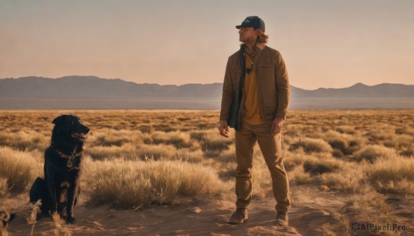 solo,smile,short hair,brown hair,shirt,long sleeves,1boy,hat,jewelry,closed mouth,standing,jacket,closed eyes,ponytail,male focus,outdoors,open clothes,sky,shoes,pants,necklace,bag,black footwear,collar,open jacket,facial hair,animal,grass,scenery,baseball cap,walking,sunset,dog,yellow shirt,brown jacket,leash,field,brown pants,wide shot,full body,looking to the side,beard,dog tags