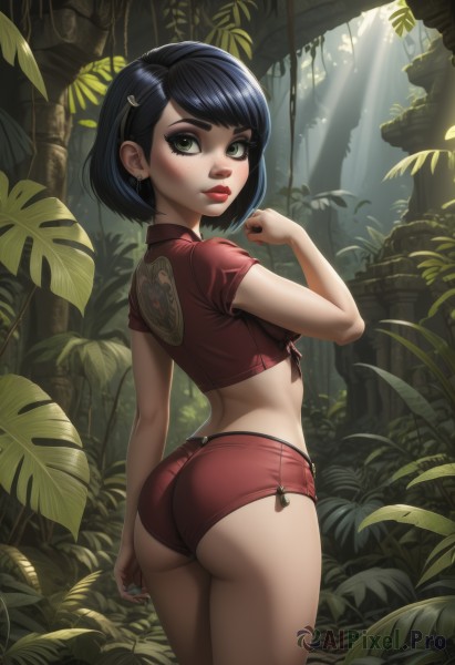 1girl,solo,breasts,looking at viewer,short hair,bangs,shirt,black hair,hair ornament,jewelry,closed mouth,green eyes,blue hair,standing,ass,short sleeves,thighs,cowboy shot,earrings,small breasts,outdoors,shorts,day,hairclip,midriff,looking back,artist name,hand up,signature,from behind,nail polish,tree,lips,crop top,short shorts,eyelashes,makeup,swept bangs,leaf,piercing,sunlight,bob cut,thick eyebrows,plant,lipstick,red shirt,nature,forest,zipper,blue nails,freckles,nose,red lips,zipper pull tab,green nails,micro shorts,blush,medium breasts,swimsuit,bikini,back,patreon username,tied shirt