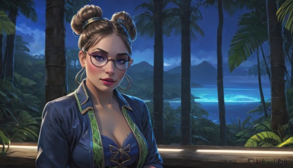 1girl,solo,breasts,looking at viewer,blush,bangs,blue eyes,large breasts,brown hair,shirt,cleavage,jewelry,medium breasts,closed mouth,purple eyes,collarbone,jacket,upper body,earrings,outdoors,open clothes,sky,glasses,cloud,dark skin,water,hair bun,bra,open jacket,dark-skinned female,tree,lips,eyelashes,double bun,makeup,night,ocean,beach,single hair bun,thick eyebrows,blue shirt,plant,lipstick,blue jacket,star (sky),night sky,semi-rimless eyewear,eyeshadow,starry sky,black-framed eyewear,hoop earrings,mountain,nose,palm tree,horizon,red lips,bustier,lake,mascara,denim jacket,swimsuit,sunglasses,nature,forehead,forest,freckles,realistic,round eyewear,yellow-framed eyewear,purple-framed eyewear