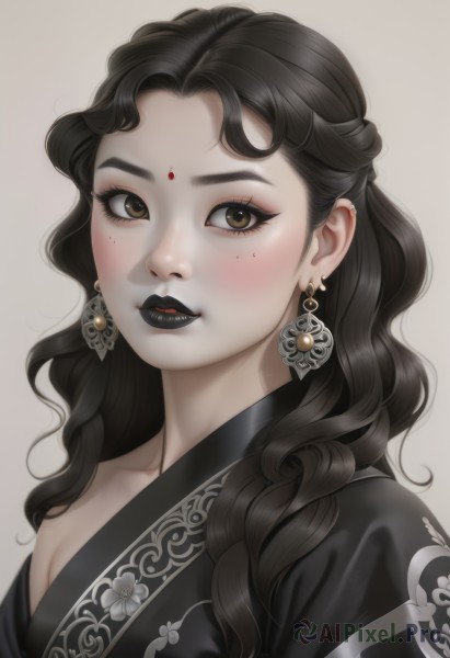 1girl,solo,long hair,looking at viewer,blush,simple background,brown hair,black hair,brown eyes,jewelry,collarbone,upper body,earrings,parted lips,japanese clothes,kimono,grey background,mole,lips,eyelashes,makeup,wavy hair,facial mark,piercing,lipstick,ear piercing,portrait,eyeshadow,freckles,curly hair,red lips,black kimono,black lips,breasts,bangs,white background,braid,mole under eye