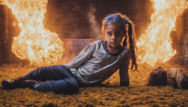 1girl,solo,long hair,looking at viewer,blue eyes,brown hair,shirt,black hair,long sleeves,brown eyes,sitting,blue hair,full body,white shirt,ponytail,boots,outdoors,lying,shoes,pants,bag,side ponytail,sweater,lips,arm support,on side,brown footwear,sunlight,backpack,fire,denim,child,smoke,jeans,realistic,blue pants,autumn leaves,explosion,on ground,dirty,autumn,blonde hair,twintails,braid,female child,dirty face