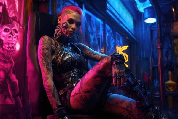 1girl,solo,breasts,looking at viewer,short hair,gloves,bare shoulders,jewelry,medium breasts,sitting,pink hair,braid,earrings,boots,shorts,sleeveless,black gloves,belt,dark skin,fingerless gloves,necklace,black footwear,dark-skinned female,lips,tattoo,makeup,mask,night,ring,cross-laced footwear,skull,lace-up boots,arm tattoo,leather,shoulder tattoo,facial tattoo,leg tattoo,cyberpunk,neon lights,full-body tattoo,weapon,solo focus,pants,nail polish,collar,bracelet,gun,chair,piercing,ear piercing,black nails,handgun,asymmetrical hair,hoop earrings,nose,undercut,cyborg,thumb ring,graffiti,lip piercing,eyebrow piercing