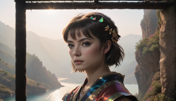 1girl,solo,looking at viewer,short hair,bangs,blue eyes,brown hair,black hair,hair ornament,jewelry,closed mouth,upper body,outdoors,day,star (symbol),black eyes,lips,eyelashes,sunlight,portrait,backlighting,freckles,star hair ornament,mountain,realistic,nose,sun,japanese clothes,sky,kimono,water,tree,scenery