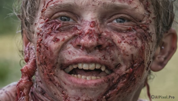 solo,looking at viewer,smile,open mouth,blue eyes,1boy,male focus,teeth,blurry,grey eyes,blood,depth of field,blurry background,portrait,close-up,blood on face,realistic,old,horror (theme),guro,black eyes,veins